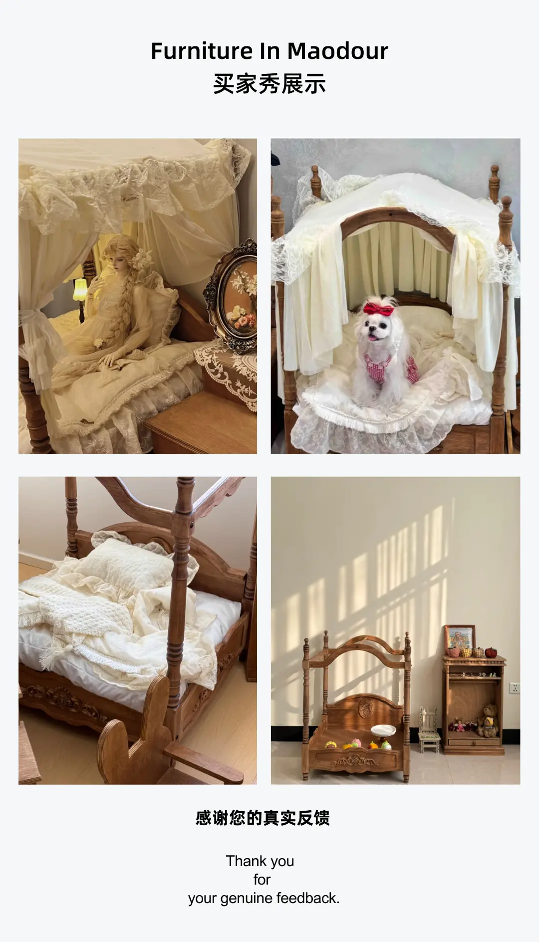 small wooden cat bed with mattress in a customer's home - Canopy Princess Vintage Pet Bed